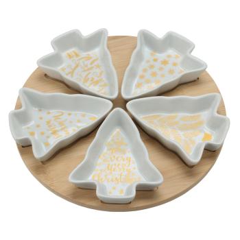 Servierset 6-teilig aus Keramik & Bambus - Tannenform Schalen für weihnachtlichen Aperitif - Ideal für Plätzchen Nüsse Dips - 26,5x26,5x50cm