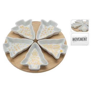 Preview: Servierset 6-teilig aus Keramik & Bambus - Tannenform Schalen für weihnachtlichen Aperitif - Ideal für Plätzchen Nüsse Dips - 26,5x26,5x50cm
