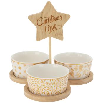 Servierset 4-teilig Keramik und Bambus - Gemusterte Schalen weiss gelb mit Stern - Für Kekse Marmelade Dips Nüsse - stilvoll & ideal für Weihnachten