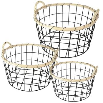 Elegantes 3er-Set Drahtkörbe mit Bambus-Rand, Ø 35/30/26cm – Dekorative & Robuste Aufbewahrungslösung – Moderner Hingucker