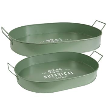Serviertablett 2er Set aus Metall - Retro Design Grün/Weiss mit Botanical Garden Aufdruck & Kräutermotiv - Robust, oval, 39x24x7 cm