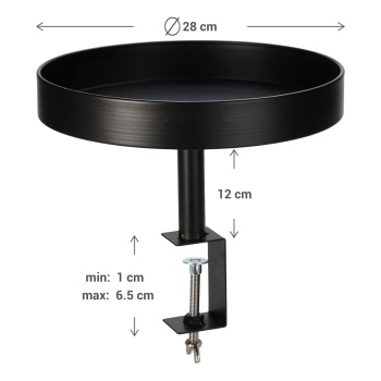 Preview: Beistelltisch zum Anklemmen - Rund, Schwarz, Ø 28x26 cm - Praktischer Balkon & Tisch Beistelltisch bis 6,5 cm Plattendicke - Robustes Metall, wetterbeständig