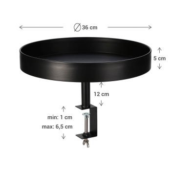 Preview: Klemm-Tisch Rund Schwarz Ø36cm - Flexibler Beistelltisch zum Anklemmen für Balkon & Tisch - Metall, wetterbeständig, bis 6.5cm Plattenstärke