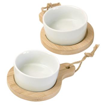 4er Set stilvolle Tapas-Schalen aus Keramik, auf Bambus Servierbrett, Ø 7,5 x 9 cm – Modern & elegant, ideal für Vorspeisen, Saucen & Dips