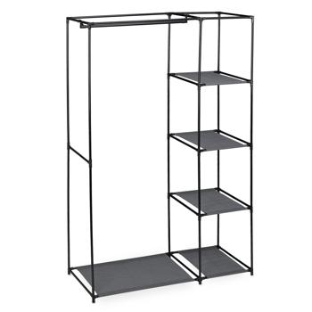 Preview: Stoffschrank aus Vlies Grau - Kleiderstange & 5 Ablageböden für Umzug/Saisonkleidung - Metallgestell - 161x105,5x45 cm - Staubdicht mit Reissverschluss