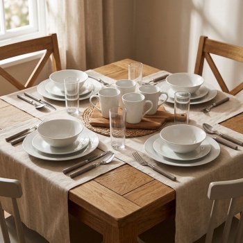 Geschirr-Set 36-tlg. - Porzellangeschirr, Gläser & Besteck - Weiss, Taupe Griffe - Hochwertiges Dinner-Set für Einladungen & Einzug