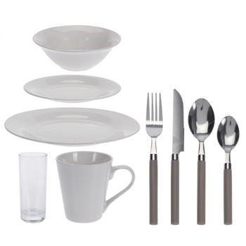 Geschirr-Set 36-tlg. - Porzellangeschirr, Gläser & Besteck - Weiss, Taupe Griffe - Hochwertiges Dinner-Set für Einladungen & Einzug
