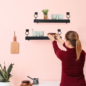 Preview: Schweberegale 2er-Set Industrial - Wandregale aus Holz & Eisen für Wohnzimmer Bad Küche - Schwarz 13x48x12cm - Max. 6kg Traglast - Einfache Montage