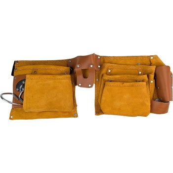 Preview: Werkzeuggürtel aus robustem Leder - Werkzeugschürze mit Nagelbeutel, Hammerhalter & Werkzeugtaschen - Braun - Für Handwerker & DIY-Projekte