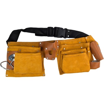 Preview: Werkzeuggürtel aus robustem Leder - Werkzeugschürze mit Nagelbeutel, Hammerhalter & Werkzeugtaschen - Braun - Für Handwerker & DIY-Projekte
