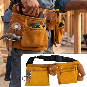 Werkzeuggürtel aus robustem Leder - Werkzeugschürze mit Nagelbeutel, Hammerhalter & Werkzeugtaschen - Braun - Für Handwerker & DIY-Projekte