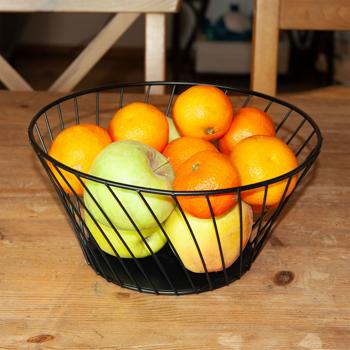 Preview: Obstkorb aus Metall Schwarz - Modernes Gitterdesign Obstschale Ø 26x12 cm - Dekoelement für Küche & Wohnzimmer - Perfekt für Früchte & Brötchen