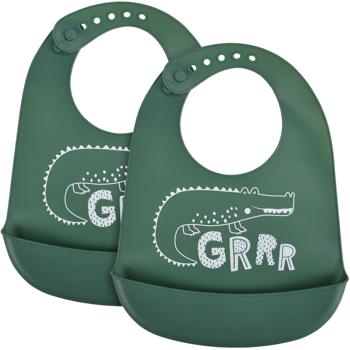 2er-Set Baby-Lätzchen Silikon - Hygienisch mit Auffangschale & verstellbarem Bügel - Für Kinder bis 4 Jahre - Grün Krokodil-Motiv