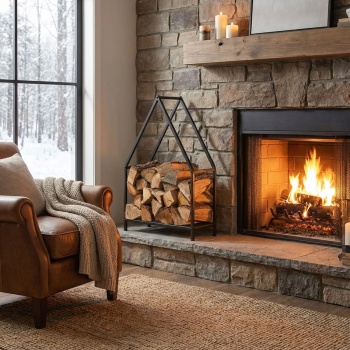 Elegantes Metall Kaminholzregal "Haus" (50x32x80cm): Schwarzer Kaminholzständer, stilvolle Brennholzaufbewahrung und perfektes Stapeln