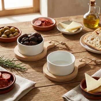Preview: 4er Set stilvolle Tapas-Schalen aus Keramik, auf Bambus Servierbrett, Ø 7,5 x 9 cm – Modern & elegant, ideal für Vorspeisen, Saucen & Dips