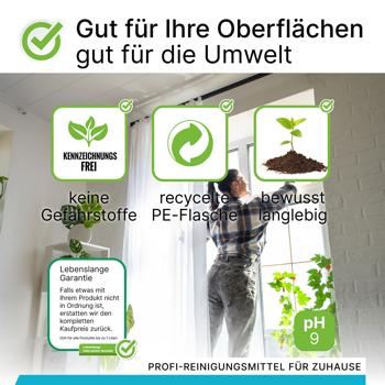 Preview: Glas- und Oberflächenreiniger - 100% vegan - nachhaltig - kennzeichnungsfrei - 1 Liter Konzentrat - Made in Germany - für streifenfreien Glanz