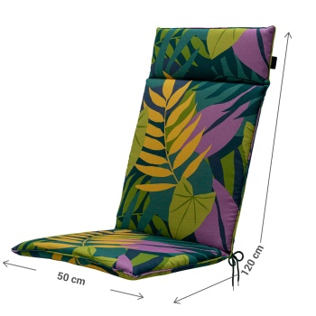Preview: 2er-Set Komfortable Hochlehner-Auflage, Blätterdesign grün, 120 x 50 cm, Gartenstuhl-Kissen für Entspannung, Stilvoll & langlebig