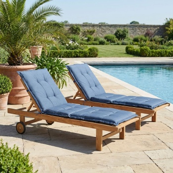 Preview: 2er-Set Liegen-Auflage - Weiche, komfortable Polsterung, kobalt, 200x65 cm - UV-Schutz, Bindebänder & Riemen - Für Garten, Balkon, Liegestuhl, Sonnenliege
