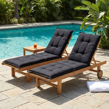 Preview: 2er-Set Liegen-Auflage - Weiche, komfortable Polsterung, schwarz, 200x65 cm - UV-Schutz, Bindebänder & Riemen - Für Garten, Balkon, Liegestuhl, Sonnenliege
