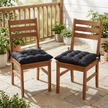 Preview: 2er-Set Stuhlkissen mit Steppung 46x46 cm Schwarz - Bequeme Sitzkissen für Küchen- & Gartenstühle - 8 cm Dicke - UV-Schutz - Mit Befestigungsbändern