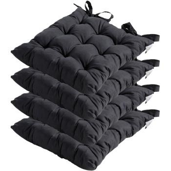 4er-Set Stuhlkissen mit Steppung 46x46 cm Schwarz - Bequeme Sitzkissen für Küchen- & Gartenstühle - 8 cm Dicke - UV-Schutz - Mit Befestigungsbändern