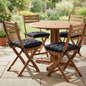 Preview: 4er-Set Stuhlkissen mit Steppung 46x46 cm Schwarz - Bequeme Sitzkissen für Küchen- & Gartenstühle - 8 cm Dicke - UV-Schutz - Mit Befestigungsbändern