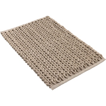 Preview: Premium Badmatte 80x50 cm in Sand - Flauschiger Duschvorleger mit Relief-Strick-Optik - Rutschfester Badteppich aus Baumwollmix