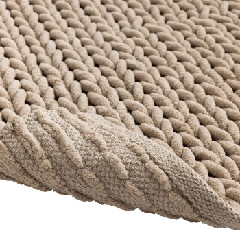 Preview: Premium Badmatte 80x50 cm in Sand - Flauschiger Duschvorleger mit Relief-Strick-Optik - Rutschfester Badteppich aus Baumwollmix