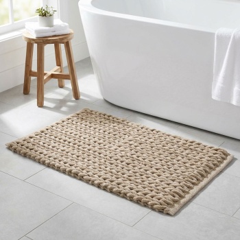 Premium Badmatte 80x50 cm in Sand - Flauschiger Duschvorleger mit Relief-Strick-Optik - Rutschfester Badteppich aus Baumwollmix