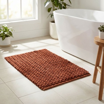 Premium Badmatte 80x50 cm in Terrakotta - Flauschiger Duschvorleger mit Relief-Strick-Optik - Rutschfester Badteppich aus Baumwollmix
