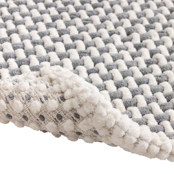 Preview: Badmatte 80x50 cm in Grau-Weiss - Weicher Duschvorleger aus Chenille-Gewebe in Strick-Optik - Rutschfester Badteppich mit Baumwoll-Anteil