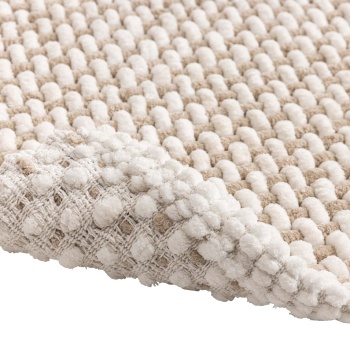Preview: Badmatte 80x50 cm in Beige-Weiss - Weicher Duschvorleger aus Chenille-Gewebe in Strick-Optik - Rutschfester Badteppich mit Baumwoll-Anteil