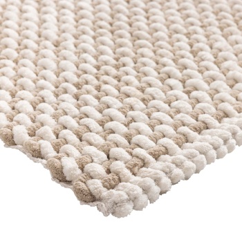Preview: Badmatte 80x50 cm in Beige-Weiss - Weicher Duschvorleger aus Chenille-Gewebe in Strick-Optik - Rutschfester Badteppich mit Baumwoll-Anteil