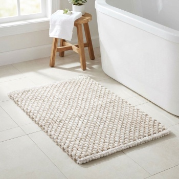 Badmatte 80x50 cm in Beige-Weiss - Weicher Duschvorleger aus Chenille-Gewebe in Strick-Optik - Rutschfester Badteppich mit Baumwoll-Anteil