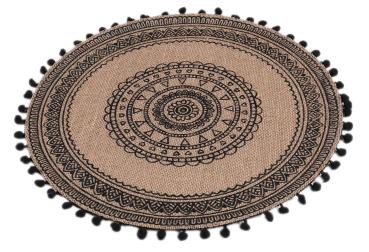 Preview: 4er-Set rundes Tischset aus Jute mit Bommel - Ethno-Stil, schützt Oberflächen vor Kratzern & Flecken - Ø 38cm, braun-schwarz