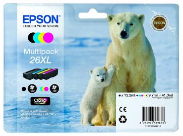 Original Epson T2636 Multipack Tintenpatronen XL - Komplettes Farbset für Expression Premium XP-Serie Drucker - BK/C/M/Y - 12.2ml Schwarz, 9.7ml Farbe