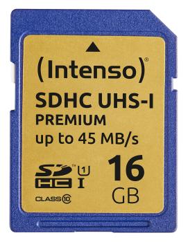 Preview: Intenso Premium SDHC Speicherkarte 16GB - Ideal für Digitalkamera, Media-Player & Full HD-Videos - UHS-I Class 10 - bis 45 MB/s Lesen