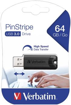 Verbatim PinStripe USB-3.0-Stick 64 GB - schneller Datentransfer, zehnmal schneller als USB 2.0 - sicherer Transport für Videos/CAD