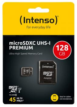 Preview: Intenso microSDXC-Speicherkarte Premium 128 GB - Ultraschnelle Erweiterung für Smartphone, Tablet, Kamera - UHS-I Class 10/U1, bis 45 MB/s Lesen - Inkl. SD-Adapter