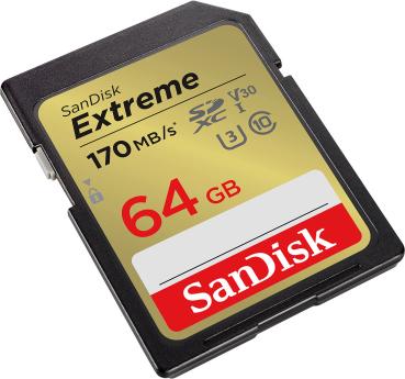 SanDisk Extreme SDXC-Karte (SDSDXV2-064G-GNCIN) - 64 GB - Ideal für 4K-UHD-Videos & schnelle Serienaufnahmen - 170 MB/s Lesen - U3/V30 - Robust & wasserfest