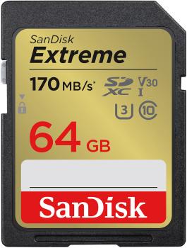 Preview: SanDisk Extreme SDXC-Karte (SDSDXV2-064G-GNCIN) - 64 GB - Ideal für 4K-UHD-Videos & schnelle Serienaufnahmen - 170 MB/s Lesen - U3/V30 - Robust & wasserfest