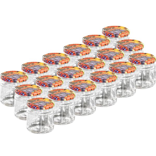 18 Einmachgläser mit Schraubdeckel - Sturzgläser 315 ml - Beeren/Früchte-Muster - luftdichte Aufbewahrung - zum Einwecken, Konservieren & Verschenken