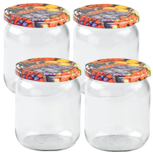 4er Set Einmachgläser - 540ml mit Schraubdeckel (Früchte-Muster) - Praktische Sturzgläser ideal zum Einkochen von Marmelade & als Vorratsglas