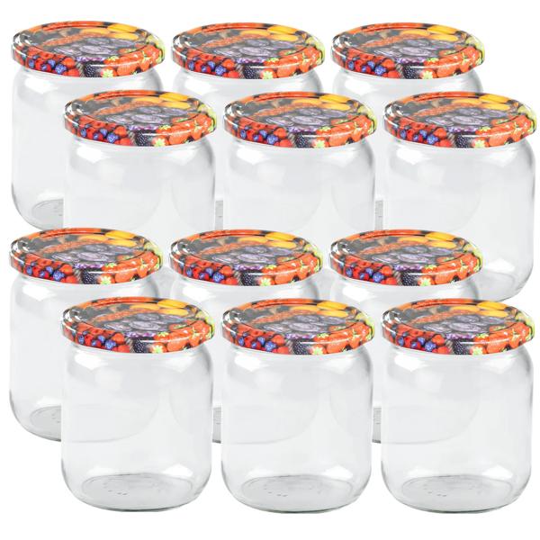 12er Set Einmachgläser - 540ml mit Schraubdeckel (Früchte-Muster) - Praktische Sturzgläser ideal zum Einkochen von Marmelade & als Vorratsglas