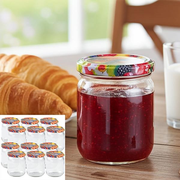 12er Set Einmachgläser - 540ml mit Schraubdeckel (Früchte-Muster) - Praktische Sturzgläser ideal zum Einkochen von Marmelade & als Vorratsglas