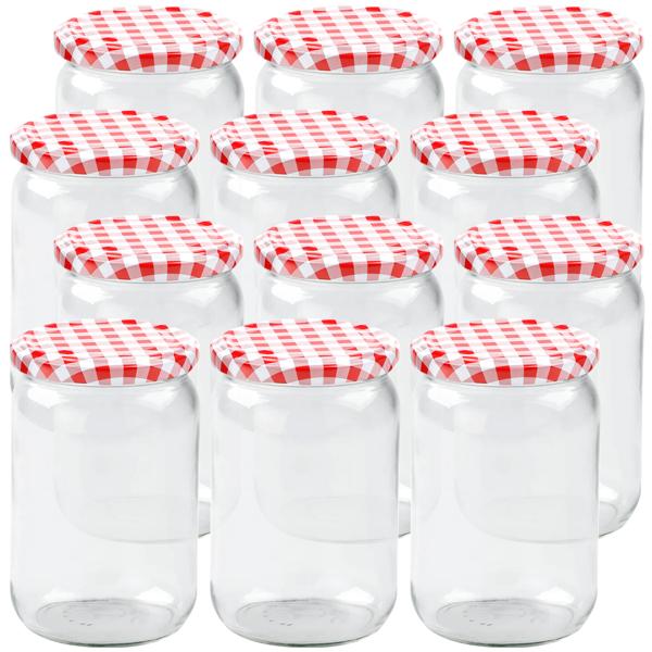 12er Set Einmachgläser - 720ml mit Schraubdeckel (Karo-Muster) - Praktische Sturzgläser ideal zum Einkochen von Marmelade & als Vorratsglas