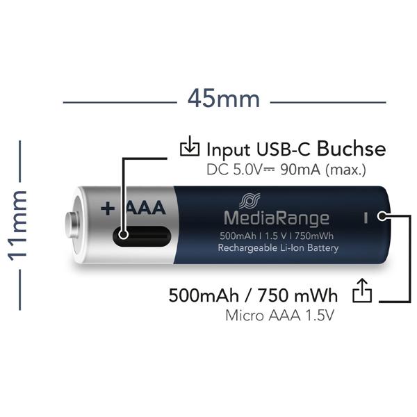 USB-C Li-Ion AAA Akkus: 1,5V, 500mAh, 4er-Pack wiederaufladbar & hohe Kapazität, Schnelles Laden, lange Laufzeit für Haushalt & Technik