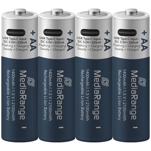USB-C Li-Ion AA Akkus: 1,5V, 1400mAh, 4er-Pack wiederaufladbar & hohe Kapazität, Schnelles Laden, lange Laufzeit für Haushalt & Technik