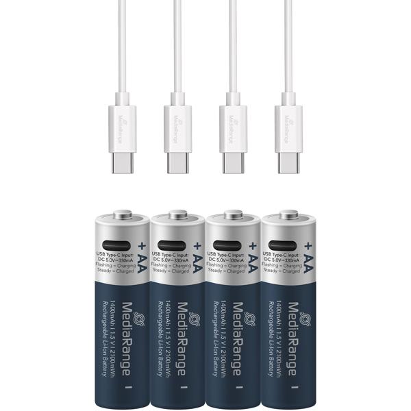 USB-C Li-Ion AA Akkus: 1,5V, 1400mAh, 4er-Pack wiederaufladbar & hohe Kapazität, Schnelles Laden, lange Laufzeit für Haushalt & Technik