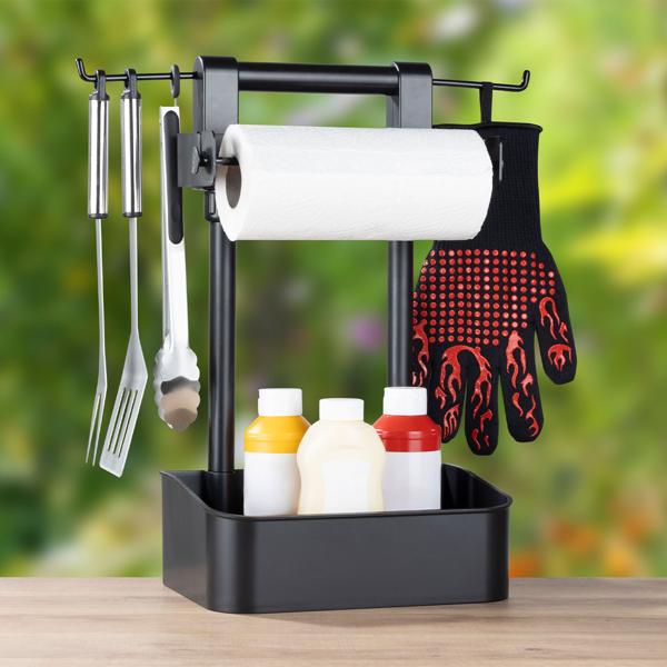 Vielseitiger Grill-Butler mit Haken und Ablage für Grillzubehör und Küchenrolle, schwarz, Ordnung am Grill, Robust, wetterfest